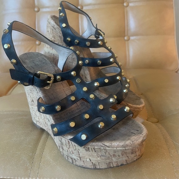 MICHAEL Michael Kors black and tan cork studded wedge sandals​ Size 7 - Picture 1 of 4